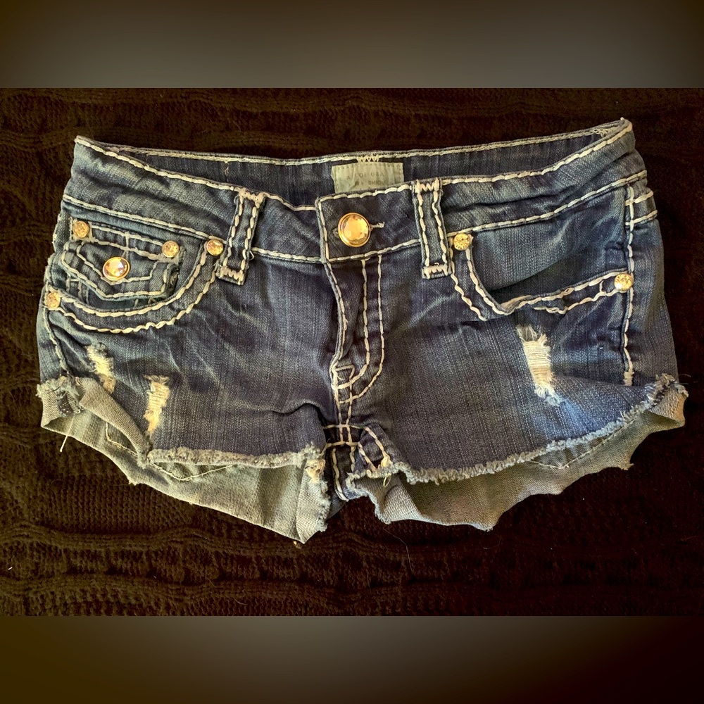 L.A. Idol USA jean shorts, frayed style w/gemstone buttons & large stitch detail
